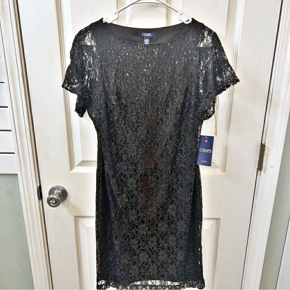 Chaps Semi Formal Black Lace and Sequin Midi dress size 4- New with tags - Picture 2 of 13